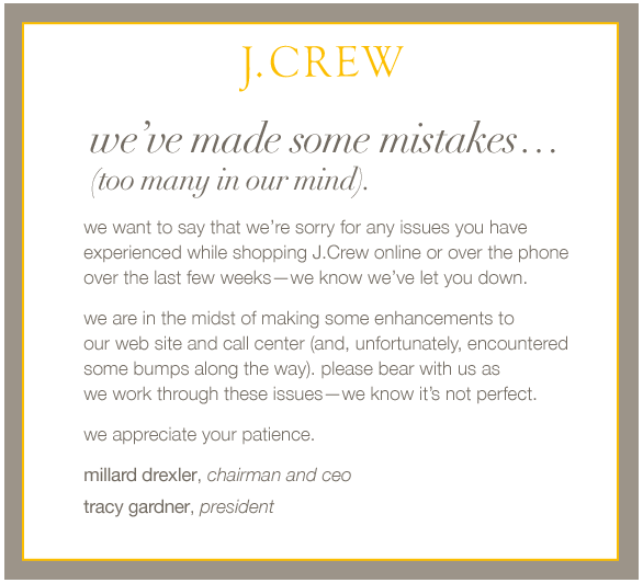 J Crew Sorry Message