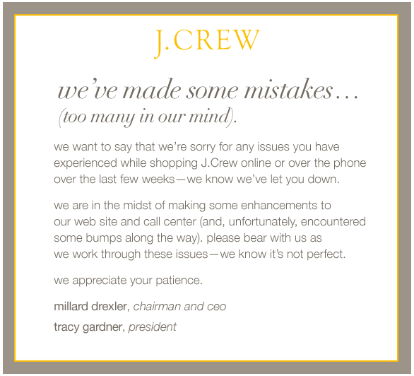 J Crew Sorry Message – Cooler Insights