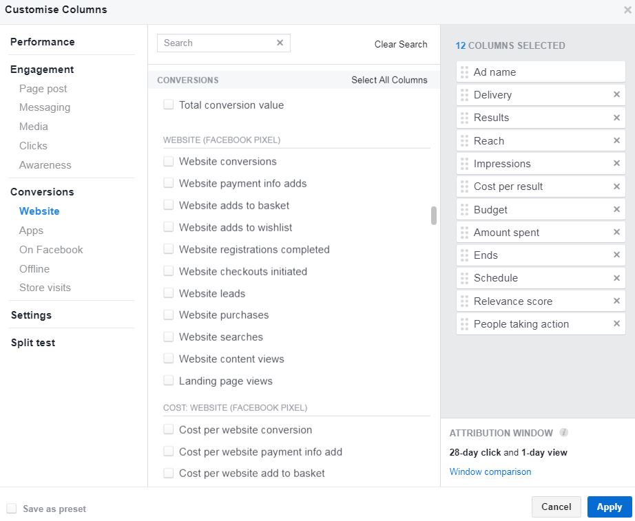 Facebook Ads Manager Conversion Columns
